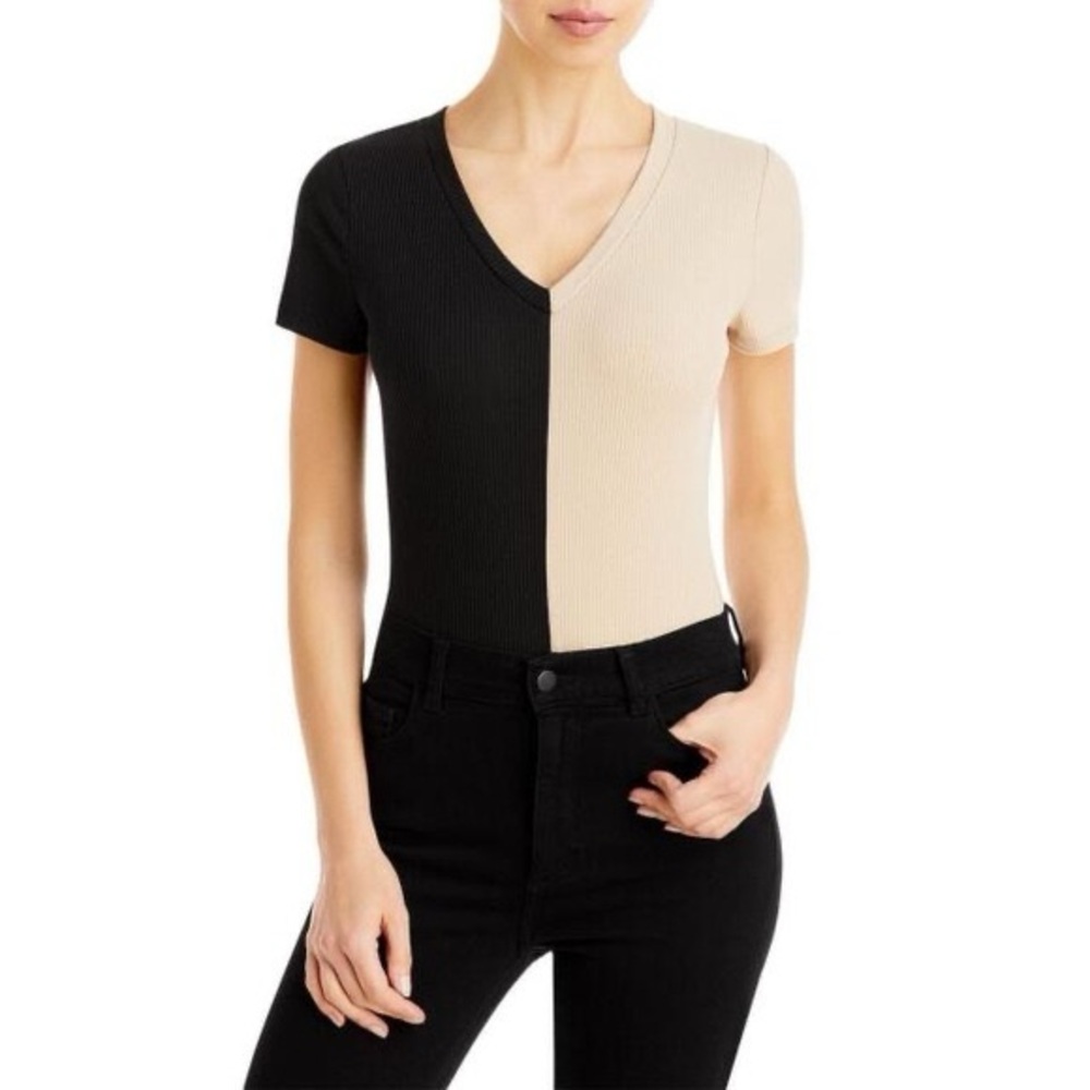 Aqua Ribbed Black and Tan Short Sleeve Bodysuit